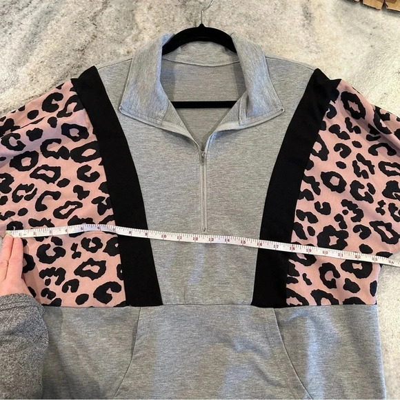 Leopard Gray & Black Quarter Zip Pullover with Pockets Relaxed Fit Size Large - Picture 7 of 11